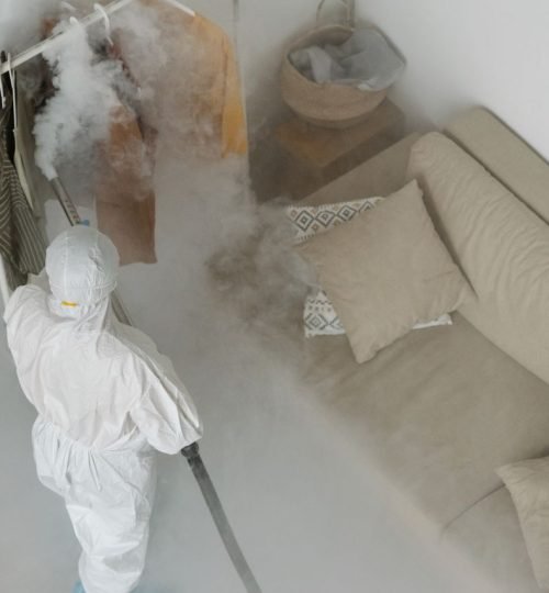 A worker in protective gear performs fumigation in a living room, using smoke to sanitize surfaces.